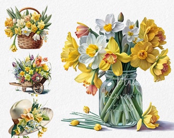 Spring clipart, flower watercolor clipart, blue and yellow flowers, daffodil, tulips, crocus, floral, sublimation, digital download