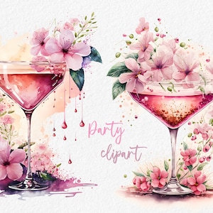 Aquarel Party Clipart, Geschilderd champagneglas met bloemen, cocktailglazen, Roze verjaardagskunst, Nieuwjaars clipart, Commercieel gebruik