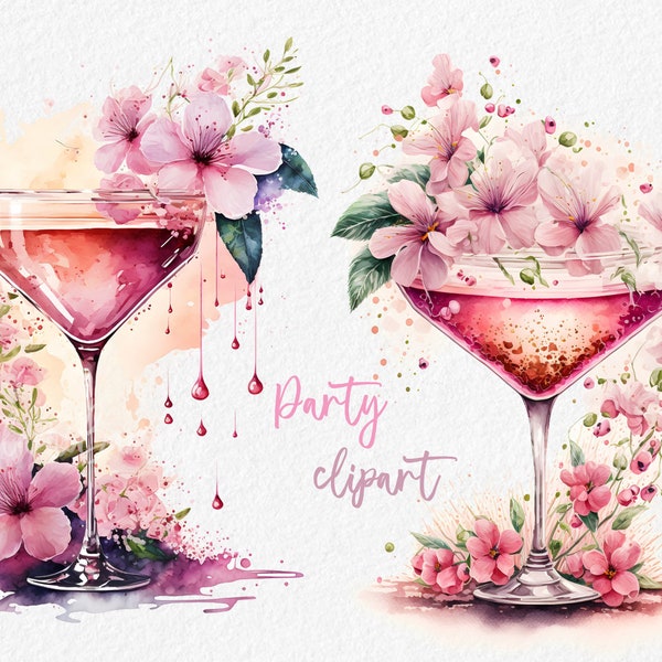 Watercolor Party Clipart, Painted champagne glass with flowers, cocktail glasses, Pink birthday art, New years clipart, Commercial use