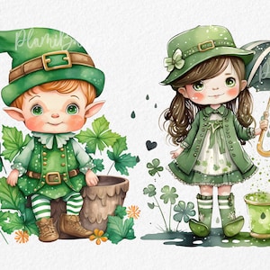 Leprechaun Watercolor Clipart, Cute St Patricks Day Girl Boy Graphics, Green Irish Wall Art, Shamrock PNG, planner stickers clipart