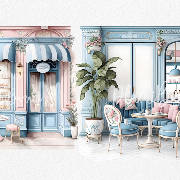 Imágenes Prediseñadas de la cafetería de la panadería, café de París Francia png. Casa de acuarela digital rosa azul, scrapbooking de pegatinas de planificador. ilustración francesa