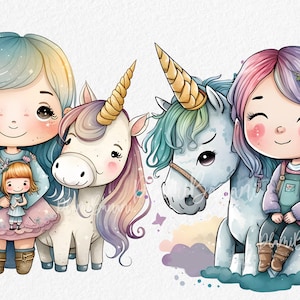 Rainbow Unicorn with cute girl clipart, Unicorn clipart, Unicorn Birthday Decorations, Nursery Decor, Unicorn Baby Shower, Birthday Clipart