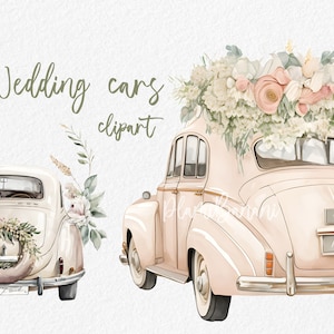 Hochzeit Tag Clipart, gerade verheiratet, Blush Beige floral Auto Clipart, Karte machen, Sublimation, Aquarell, png jpg, sofortiger download