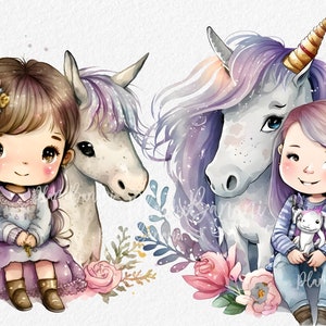 Cute girl with Unicorn Clipart, Purple Unicorn, Unicorn Birthday Decorations, Nursery Decor, Unicorn Baby Shower, Birthday Clipart