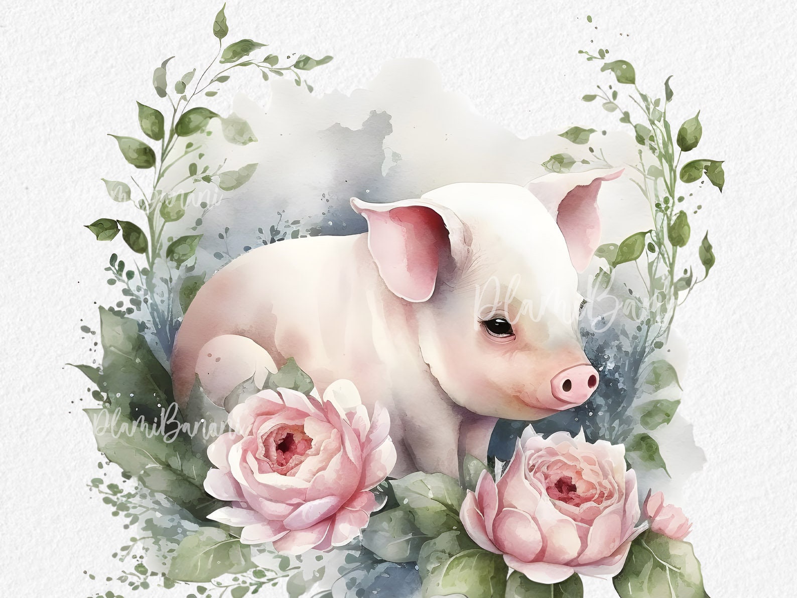 Kit Digital Clipart Pig Rosa em Aquarela - 8 Pngs