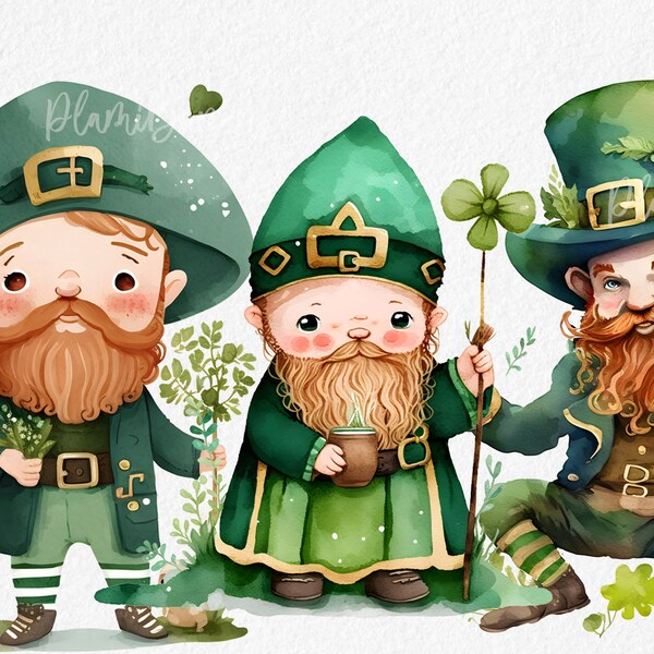 Leprechaun Watercolor Clipart, Cute St Patricks Day Girl Boy Graphics, Green Irish Wall Art, Shamrock PNG, planner stickers clipart