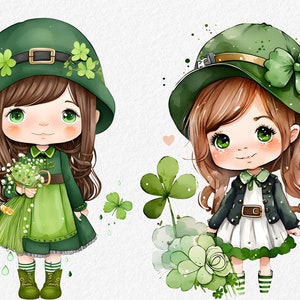 Cute Irish girls Clipart, St Patricks Day Clipart. Watercolor Saint Patrick&#39;s Day Clipart, Shamrock Three Leaf Clover Clip Art, Lucky Clover