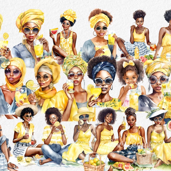 Girls in Lemon Print and yellow glasses dresses, dark skin Fashion illustration clipart, summer girls clipart, watercolor clipart