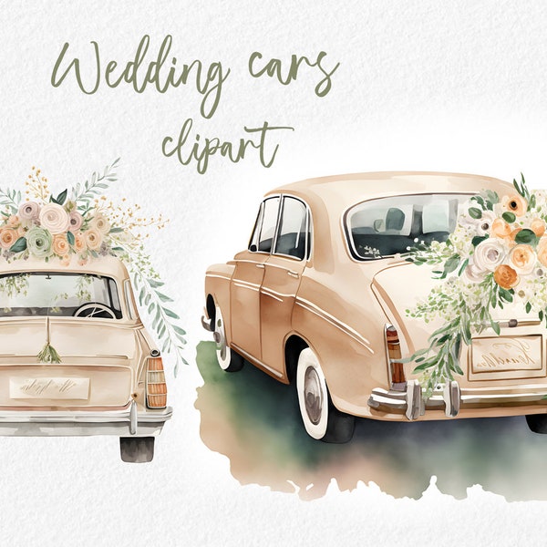 Watercolor Wedding Car Clipart, Bride Clip art, Cute love, Just married car, Wedding Elements, Sublimation Designs, Card Design, Download