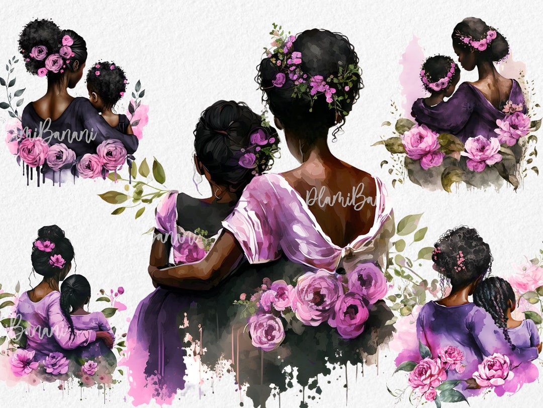 Mothers Day Clipart, Watercolour African American Mom and Baby Clipart