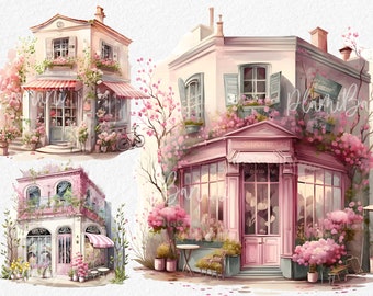 Pink shop clipart, Paris cafe clip art, png. Digital watercolor. Free commercial use, scrapbooking. Romantic french cafe illustration