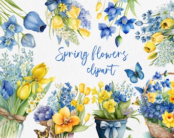 Spring clipart, flower watercolor clipart, blue and yellow flowers, daffodil, tulips, crocus, floral, sublimation, digital download
