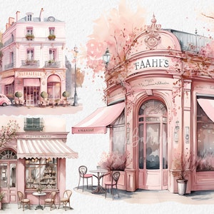 Roze coffeeshop clipart, Parijs café clip art, png. Digitale aquarel. Gratis commercieel gebruik, scrapbooking. Romantische Franse caféillustratie