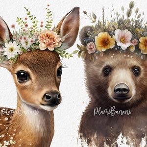 Caro clipart, clipart dell'orso, simpatici animali del bosco dell'acquerello, ClipArt per la scuola materna, fulvo carino con fiori