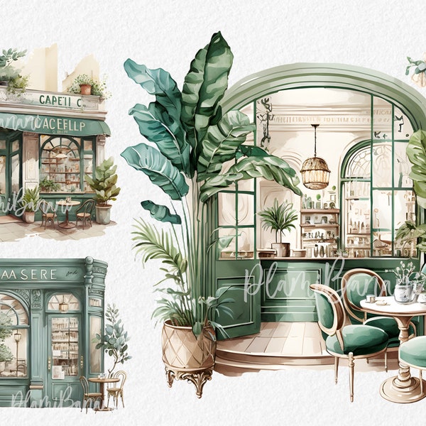 Retro Coffee shop Restaurant clipart, Paris cafe watercolor clip art, commercial use, scrapbooking. Romantic french illustration