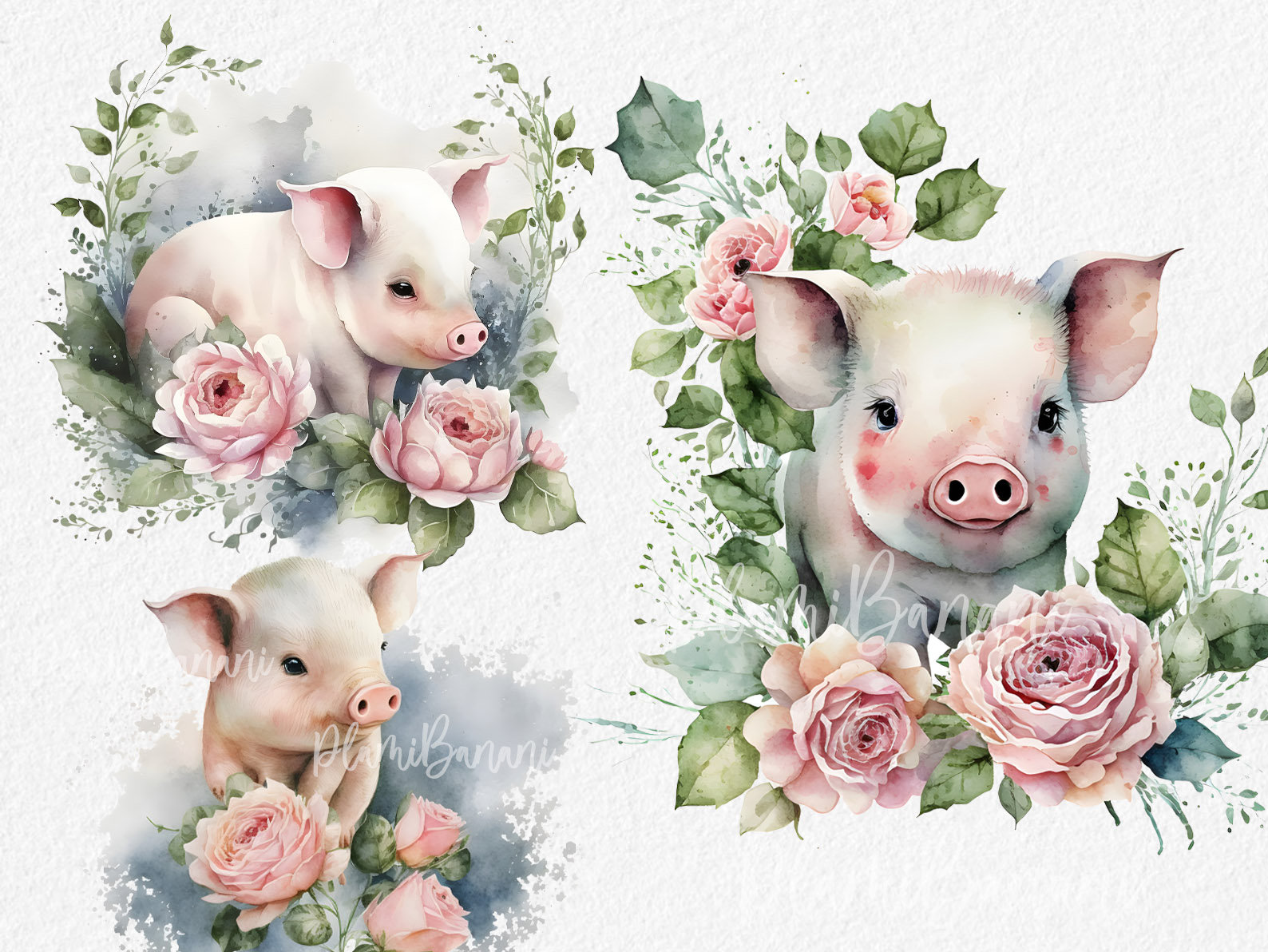 Kit Digital Clipart Pig Rosa em Aquarela - 8 Pngs