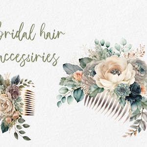 Clipart de accesorios para el pelo de novia, Imágenes prediseñadas para bodas, Imágenes prediseñadas para el día de la boda, Imágenes prediseñadas de acuarela de novia con uso comercial, descarga digital