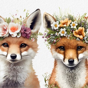 Mignon aquarelle renards Clipart Bundle, mignons animaux de la forêt, ClipArt pour chambre d’enfant, bébé lapin avec des fleurs