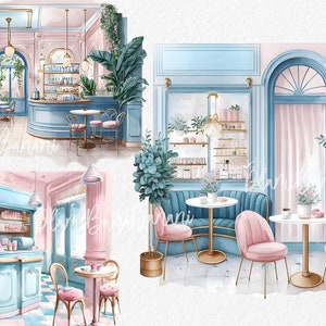 Clipart de cafetería, imágenes prediseñadas de café de París, png. Acuarela digital azul rosa. uso comercial, scrapbooking. Ilustración romántica de café francés
