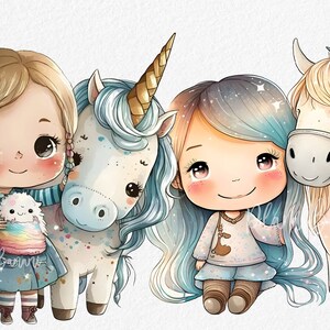 Acuarela Unicornio Clipart con Chibi Dolls PNG Clipart, Unicornio png, Unicornio Arco Iris, Decoración Infantil, Unicornio Baby Shower, Cumpleaños Clipart
