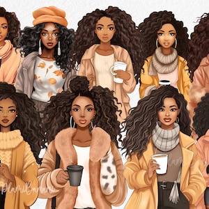 Aquarelle automne fille noire clipart png mode fille clipart afro-américaine filles Clipart poupées femme Illustrations planificateur autocollants