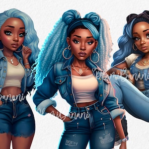 May include: Three digital illustrations of women with blue and black hair wearing denim clothing. The women are wearing denim jackets, overalls, and shorts. The illustrations are in a cartoon style.