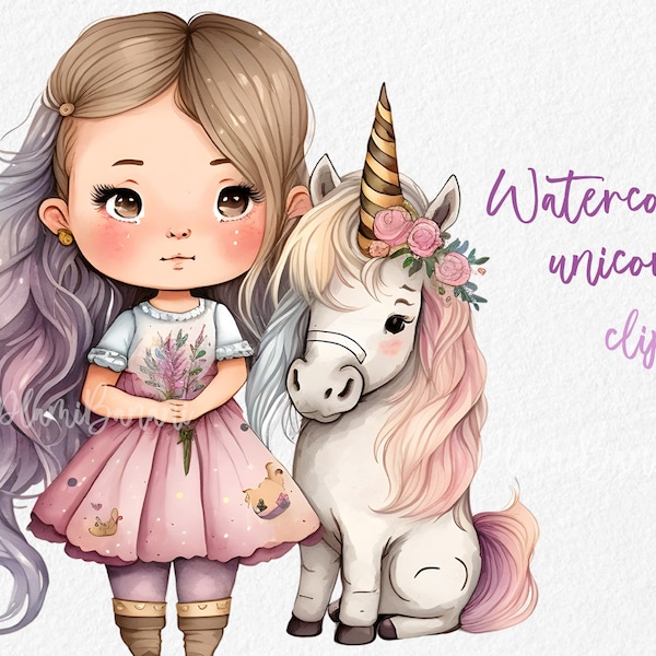 Cute girl with Unicorn Clipart, Rainbow Unicorn, Unicorn Birthday Decorations, Nursery Decor, Unicorn Baby Shower, Birthday Clipart