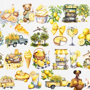 Acquerello Sweet Lemon Clipart, stand di limonata digitale png, grafica di agrumi, uso commerciale, camioncino di gelato con fiocco di torta al limone