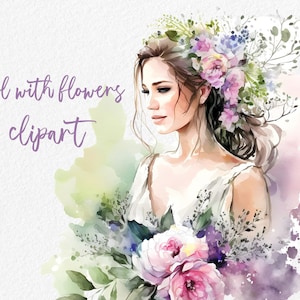 Mädchen mit Blumen Clipart, Mädchen Clipart, Blumen Clipart, Hochzeit Clipart, Mode Illustration, Mädchen Clipart, digitale Downloads