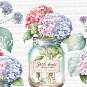 Clipart dei fiori dell'ortensia dell'acquerello. Elementi PNG floreali rosa e bouquet per invito a nozze, biglietti di auguri, logo. Download digitale