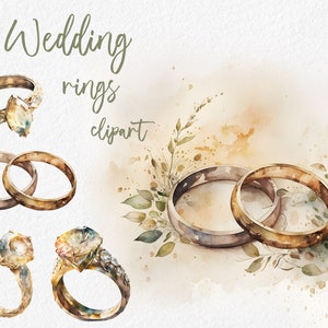 Clipart de anillos de boda, anillos de novia, anillos de compromiso, anillos de acuarela. Archivos PNG de imágenes prediseñadas de acuarela de boda con uso comercial