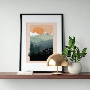 Boho Forest Mountain Trees Sun Print Poster Printable Wall Art Decor