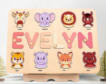 Animals Puzzle Customizable Name Puzzle for Baby, 1st Birthday Gifts for Baby Girl and Boy, Montessori Wooden Toys with Personalized Names