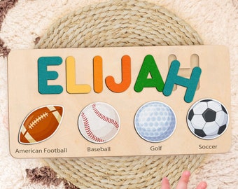 Birthday Gifts for Boys, Baby Shower Gift, Personalized Name Puzzle with Balls, Ball Game Wooden Matching Board, Sports Theme Name Puzzle