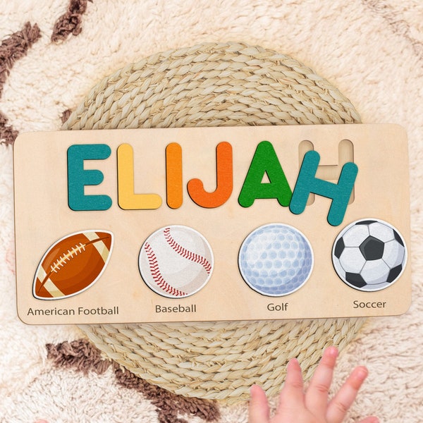 Birthday Gifts for Boys, Baby Shower Gift, Personalized Name Puzzle with Balls, Ball Game Wooden Matching Board, Sports Theme Name Puzzle