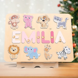 Personalized Name Puzzle with Animals Custom Baby Girl and Boy Birthday Gift Emerald Green Toddlers Christmas Gift Unique Baby Gift image 1
