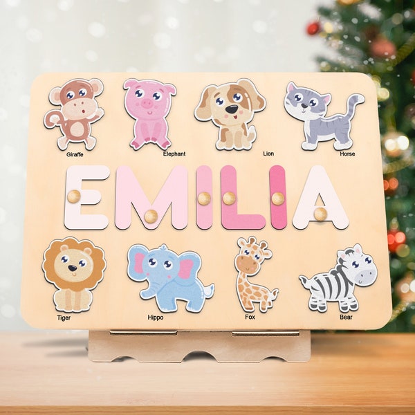 Personalized Name Puzzle with Animals | Custom Baby Girl and Boy Birthday Gift | Emerald Green Toddlers Christmas Gift | Unique Baby Gift