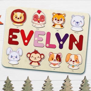 Animals Wooden Name Puzzle | Busy Board Puzzle | Toddler Toys | Baby Girl Gifts | Gift for Kids | Baby First Easter Present | Birthday Gift