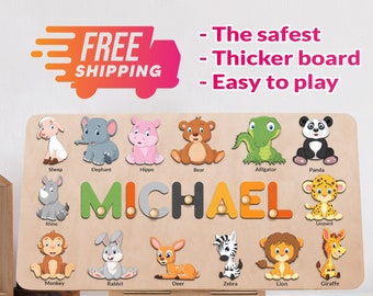 Personalized Name Puzzle with Animals | Baby, Toddler, Kids Toys | Wooden Toys | Baby Shower | Christmas Gifts | First Birthday Girl and Boy