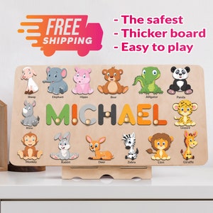 Personalized Name Puzzle with Animals | Baby, Toddler, Kids Toys | Wooden Toys | Baby Shower | Christmas Gifts | First Birthday Girl and Boy