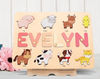 Farm animal name puzzle, Animal farm toy, Barnyard name puzzle, 1st Birthday Gift, 1st Christmas Gift, Baby shower gift,Baby Christmas Gifts