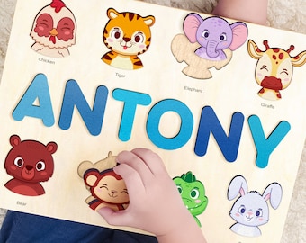 Custom Handmade Name Puzzle with Animals, Personalized Birthday Gift for Kids, Christmas Gifts for Toddlers, Unique New Baby Gift, Wood Toy