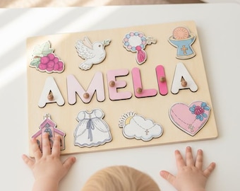 Baptism Gift Girl Wooden Name Puzzle, Personalized Name Puzzle, Baptism Puzzle Gift, Girl Baptism Gifts, Religious Puzzle, Christening Gifts