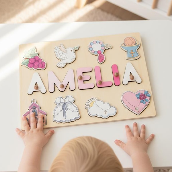 Rompecabezas de madera con nombre para niña, rompecabezas personalizado, rompecabezas de bautismo, regalos de bautismo para niña, rompecabezas religioso, regalos de bautizo