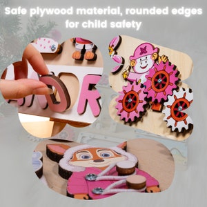 May include: Wooden educational toy with colorful animal and letter cutouts. The toy features a fox in a pink coat, a monkey, and pink gears. The text "Safe plywood material, rounded edges for child safety" is visible.