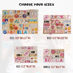 May include: Four wooden activity boards for children, each with different colors, shapes, and textures. The boards feature a variety of activities, including gears, latches, and number puzzles. The boards are available in four sizes: 20 inches by 13 inches, 15 inches by 10 inches, 12 inches by 9 inches, and 11 inches by 7 inches.
