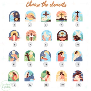 Puede incluir: Un conjunto de 20 ilustraciones coloridas que representan varios s&iacute;mbolos religiosos y escenas relacionadas con la Pascua. Las im&aacute;genes incluyen una cruz, una paloma, un cordero, un c&aacute;liz, una Biblia y Jesucristo.