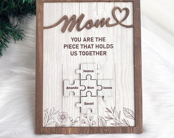 Personalized name puzzle, mother’s day puzzle piece sign, gift for mom from kids, you are the piece that holds us together, wood frame AMD16