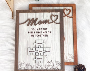 Personalized name puzzle, mother’s day puzzle piece sign, gift for mom from kids, you are the piece that holds us together, wood frame AMD16
