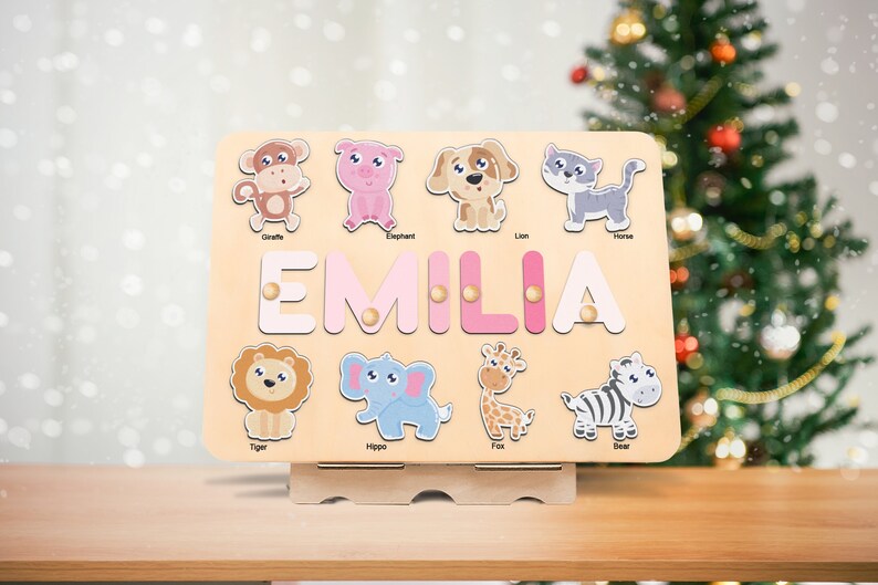 Personalized Name Puzzle with Animals Custom Baby Girl and Boy Birthday Gift Emerald Green Toddlers Christmas Gift Unique Baby Gift image 1